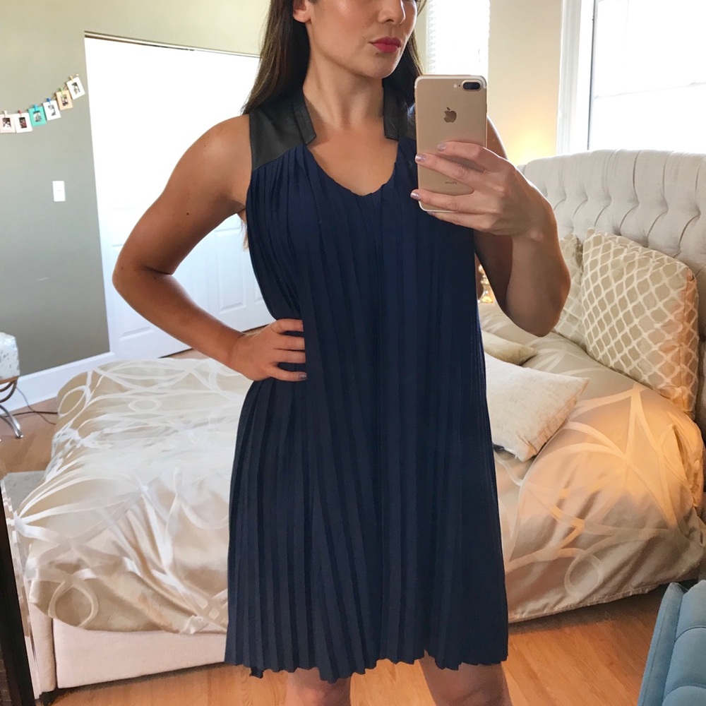 Real Leather Collar Navy Swing Dress